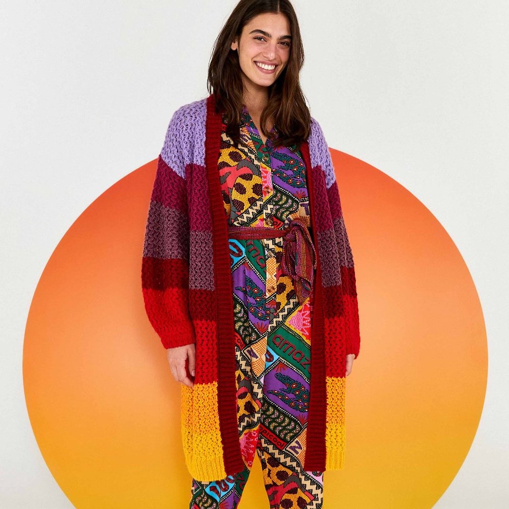 FARM RIO Patch Twirl Striped Longline Cardigan